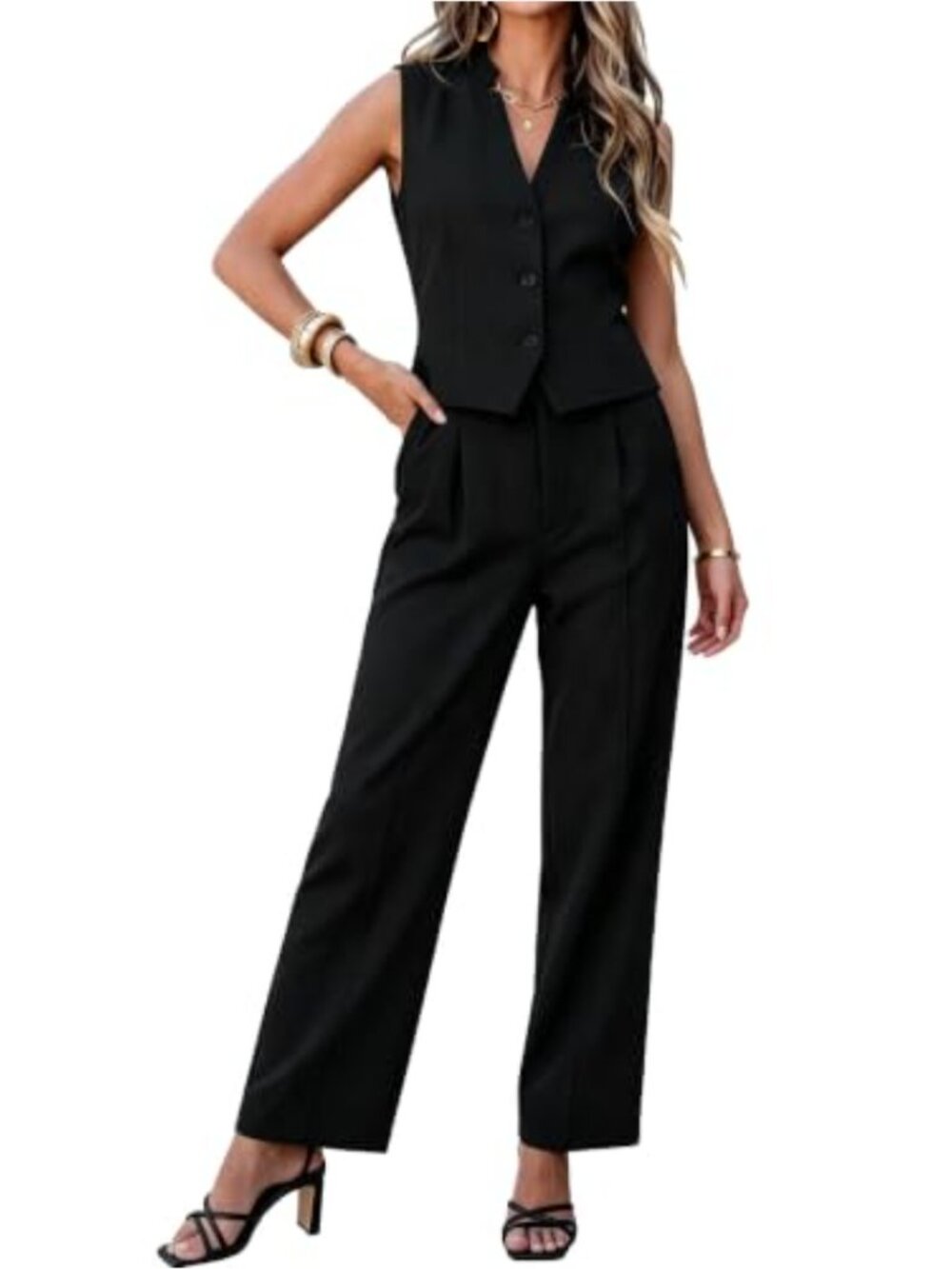 Women's 2 Piece Pant Suit Sleeveless Blazer Vest Set Wide Leg Office Business